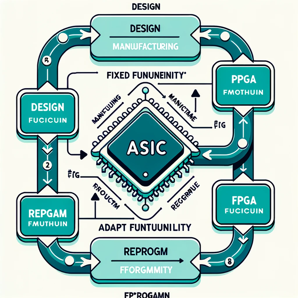 DALL·E-2023-10-22-23.34.24-Vector-diagram-showing-a-flowchart-of-the-development-process-for-ASICs-and-FPGAs.-The-ASIC-path-shows-Design-leading-to-Manufacturing-and-then-F-1