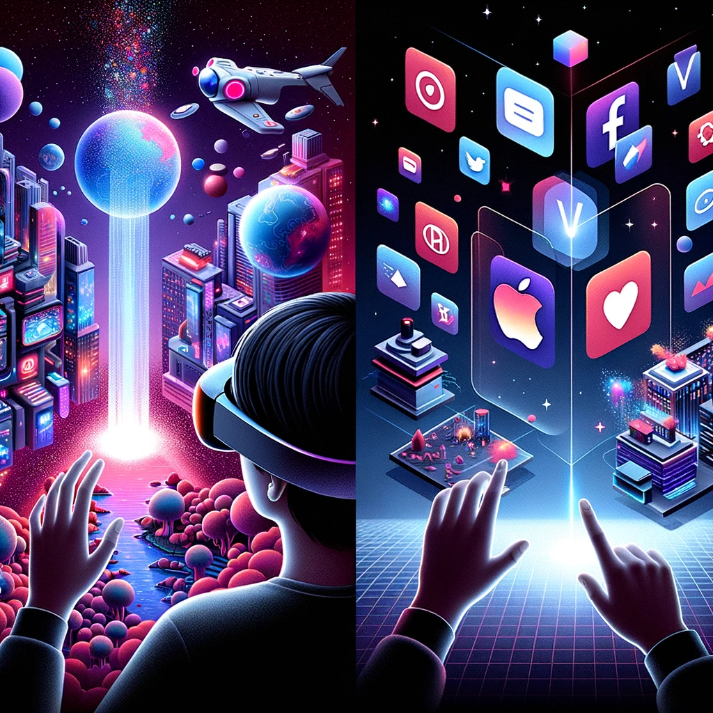 DALL·E-2023-10-24-15.12.23-Illustration-of-a-split-screen-comparison.-On-the-left-a-user-wearing-the-Quest-3-is-immersed-in-the-VIVERSE-platform-exploring-a-virtual-city-with-