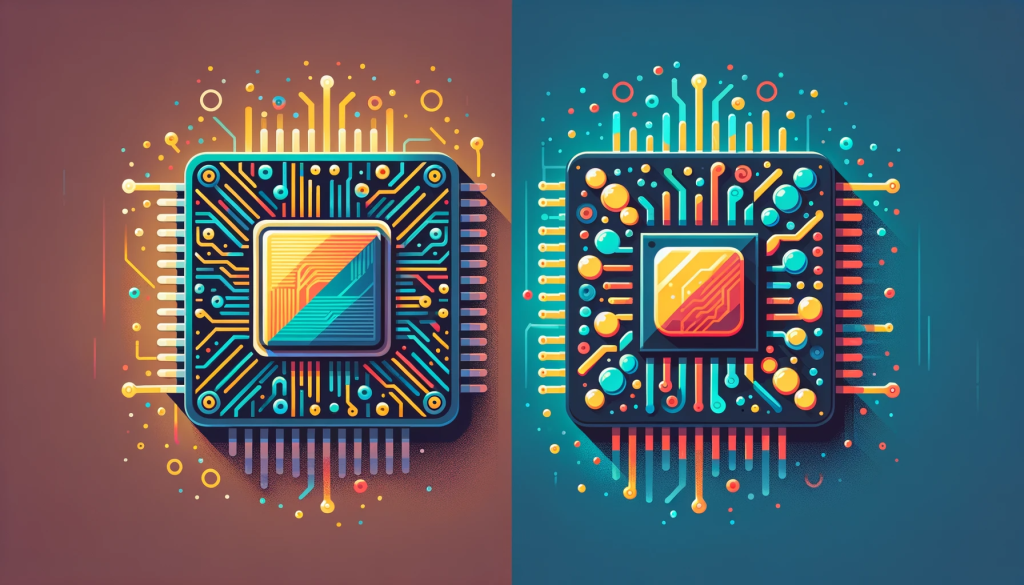 DALL·E-2023-11-01-00.20.39-Flat-digital-art-illustration-showcasing-a-side-by-side-comparison-of-RISC-V-and-ARM.-On-the-left-theres-a-stylized-chip-with-the-colors-and-pattern